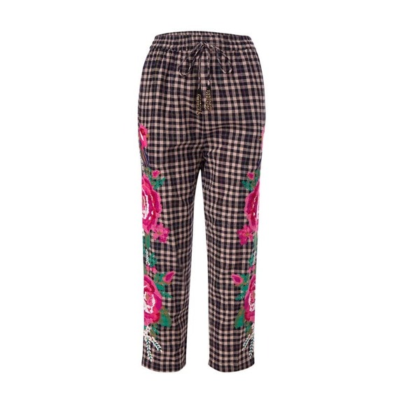 FARM RIO Rooster Cross Stitch Embroidered Pants Plaid (Black & Cream) - Picture 2 of 10